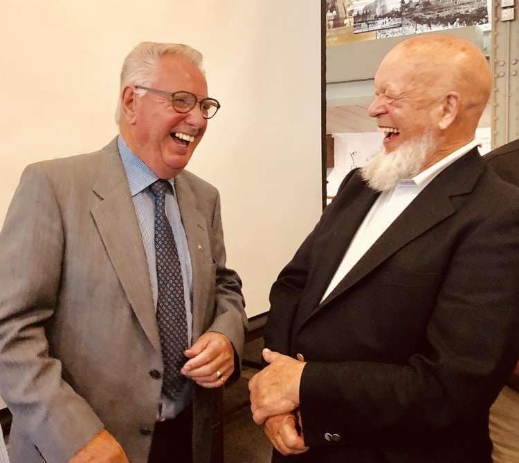 Somerset Miners Welfare Trust President Michael Eavis and Chairman Bryn Hawkins enjoying a lighter moment.